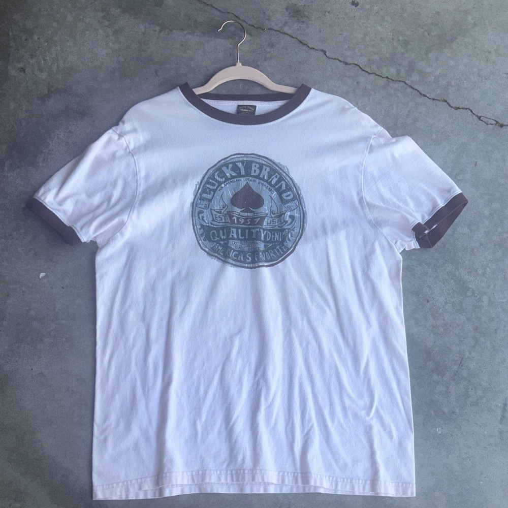 VTG Men’s Lucky Brand Spades Brown/Cream T-shirt, Size Large